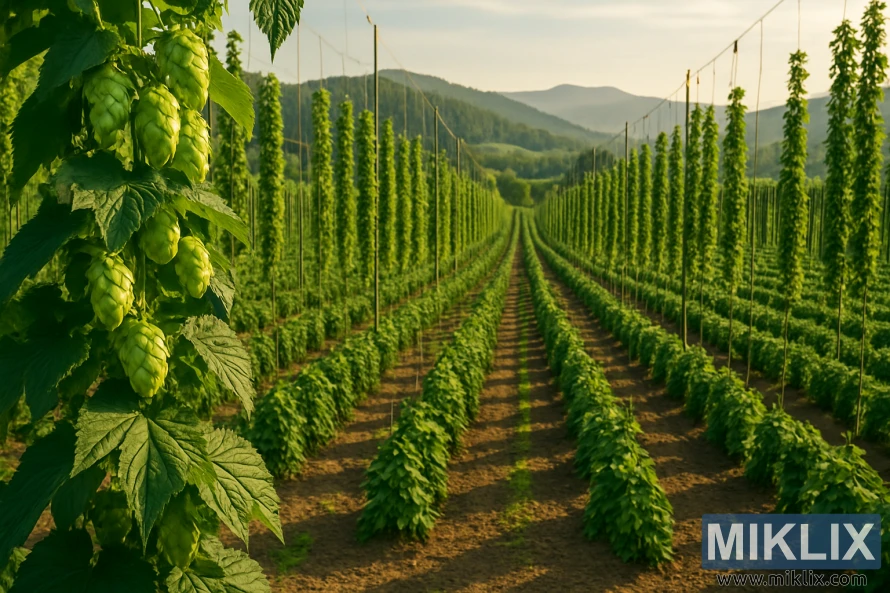 Panoramski pogled na sončno polje hmelja v Newportu v Oregonu z rešetkastimi hmeljevimi rastlinami in oddaljenimi hribi.