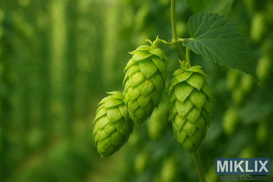 Close-up of vibrant green Simcoe hop cones with blurred hop field background. Close-up of vibrant green Simcoe hop cones with blurred hop field background.