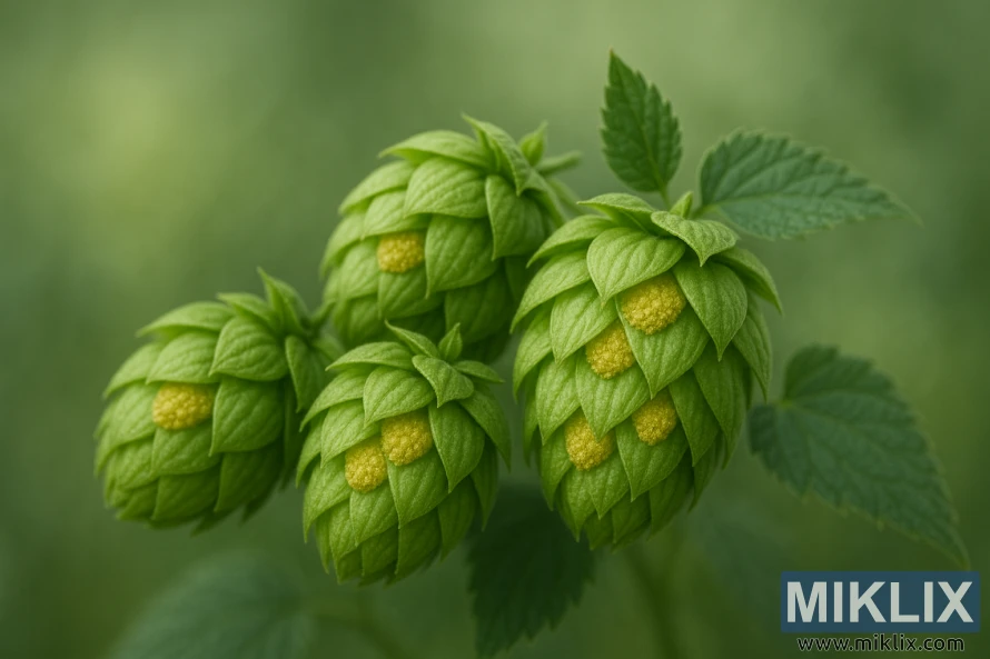 Cận cảnh chi tiết những nón hoa bia Opal xanh tươi với tuyến lupulin màu vàng nhạt trên nền xanh mờ nhạt. Cận cảnh chi tiết những nón hoa bia Opal xanh tươi với tuyến lupulin màu vàng nhạt trên nền xanh mờ nhạt.