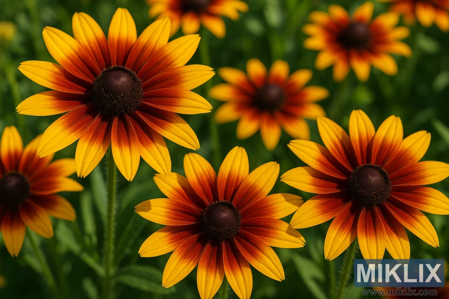 Close-up of Rudbeckia ‘Autumn Forest’ with yellow petals transitioning to red and mahogany near dark centers on a bright summer day. Close-up of Rudbeckia ‘Autumn Forest’ with yellow petals transitioning to red and mahogany near dark centers on a bright summer day.
