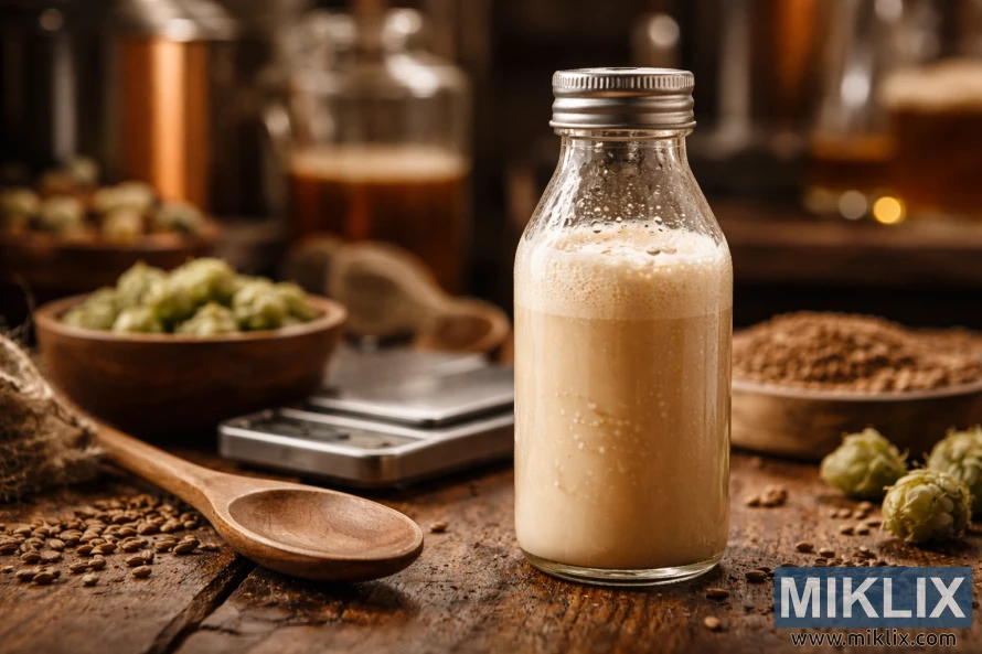 Glass vial filled with pale yeast culture on a wooden table, surrounded by hops, a wooden spoon, and brewing tools in warm light.