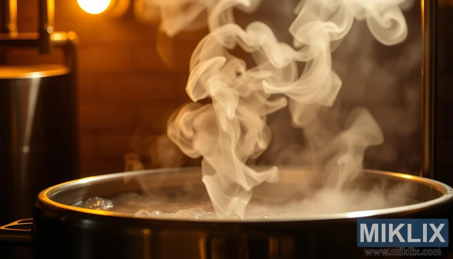 Bryggekjele i rustfritt stål med damp som stiger og reflekterer varmt gyllent lys.