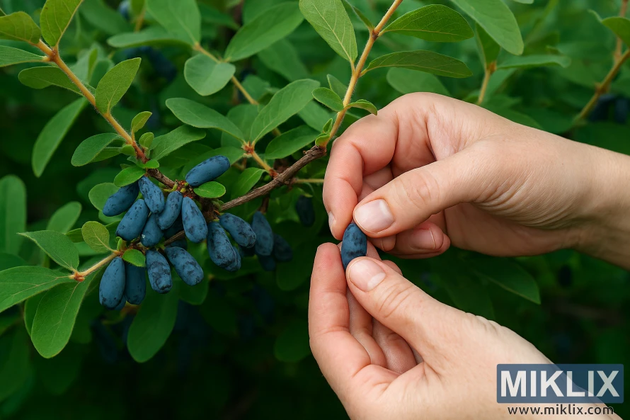 Close-up of hands gently picking a ripe, deep-blue honeyberry from a leafy branch in soft, dappled sunlight. Close-up of hands gently picking a ripe, deep-blue honeyberry from a leafy branch in soft, dappled sunlight.