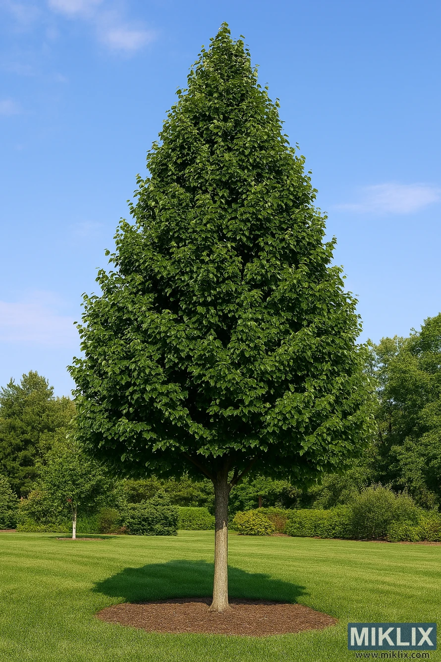 Greenspire Lindetre med pyramideform i en formell hagesetting