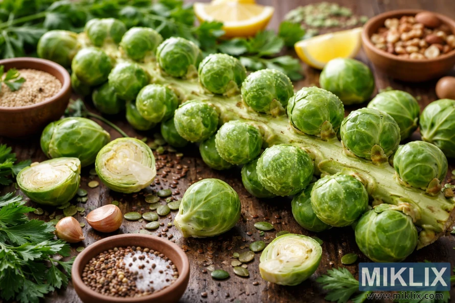 High-resolution photo of fresh Brussels sprouts on the stalk surrounded by seeds, nuts, garlic, and lemon on a rustic wooden table