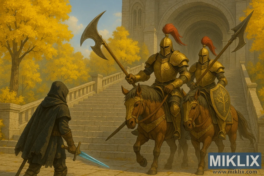 Fantasy-style painting of a cloaked Tarnished facing two halberd-wielding Tree Sentinels on horseback on the stone steps to Leyndell in Elden Ring. Fantasy-style painting of a cloaked Tarnished facing two halberd-wielding Tree Sentinels on horseback on the stone steps to Leyndell in Elden Ring.