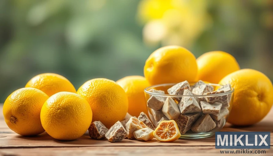 Limões carnudos sobre madeira ao lado de um recipiente de vidro com pedras nos rins sob luz suave e quente. Limões carnudos sobre madeira ao lado de um recipiente de vidro com pedras nos rins sob luz suave e quente.