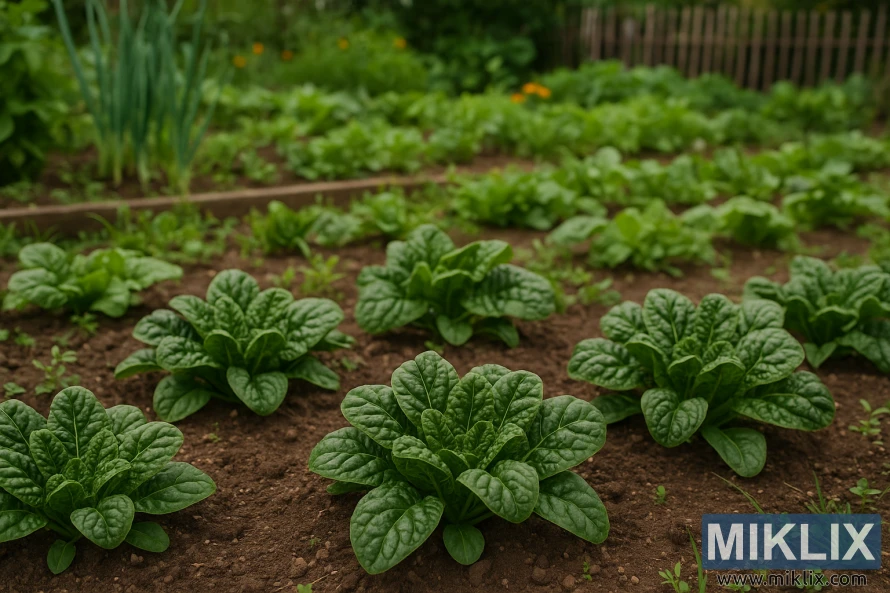 Ряды кустов полусавойского шпината, растущих на плодородной почве в домашнем огороде, огороженном деревянными досками и окруженном пышной зеленью. Ряды кустов полусавойского шпината, растущих на плодородной почве в домашнем огороде, огороженном деревянными досками и окруженном пышной зеленью.