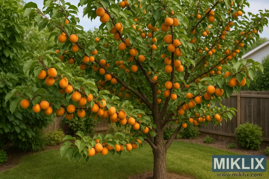 Un abricotier adulte chargé de fruits orange mûrs se dresse dans un jardin ensoleillé, à l'arrière d'une maison, avec une clôture en bois et de l'herbe verte.