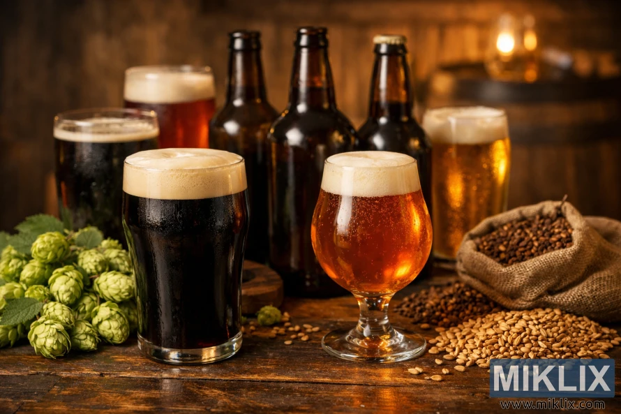 A rustic brewpub scene with stout and amber ale glasses, unlabeled beer bottles, hops, and malt grains on a wooden table under warm light.