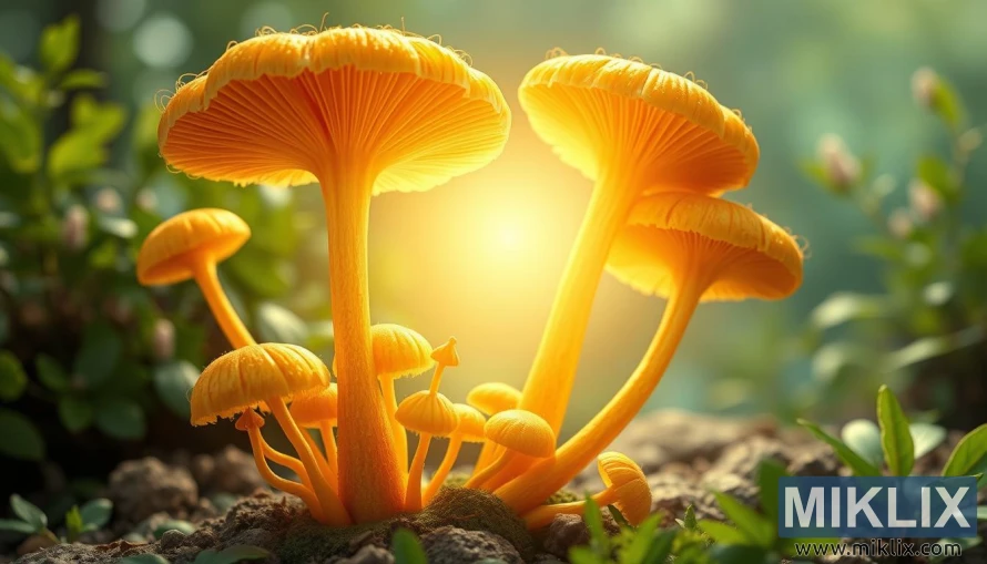 ოქროსფერი კორდიცეფსის სოკო, რომელიც ჯანმრთელობისთვის სასარგებლო თვისებებით ბრწყინავს მშვიდ ბუნებრივ გარემოში.