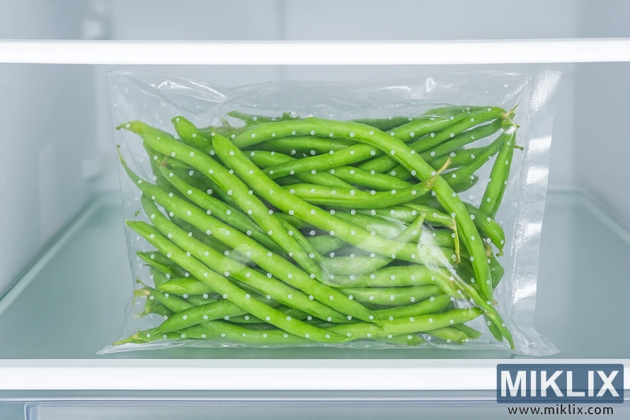 Fresh green beans stored in a perforated plastic bag inside a refrigerator drawer Fresh green beans stored in a perforated plastic bag inside a refrigerator drawer