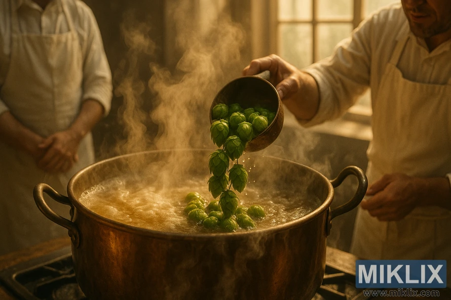 Steiermark Golding-humle faller ned i dampende kobberkjele som bryggere observerer i varmt lys. Steiermark Golding-humle faller ned i dampende kobberkjele som bryggere observerer i varmt lys.