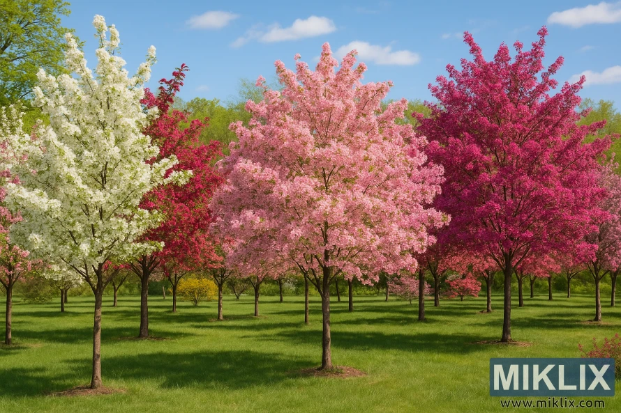 Orchard of crabapple trees in white, pink, and red blossoms under a clear blue sky. Orchard of crabapple trees in white, pink, and red blossoms under a clear blue sky.