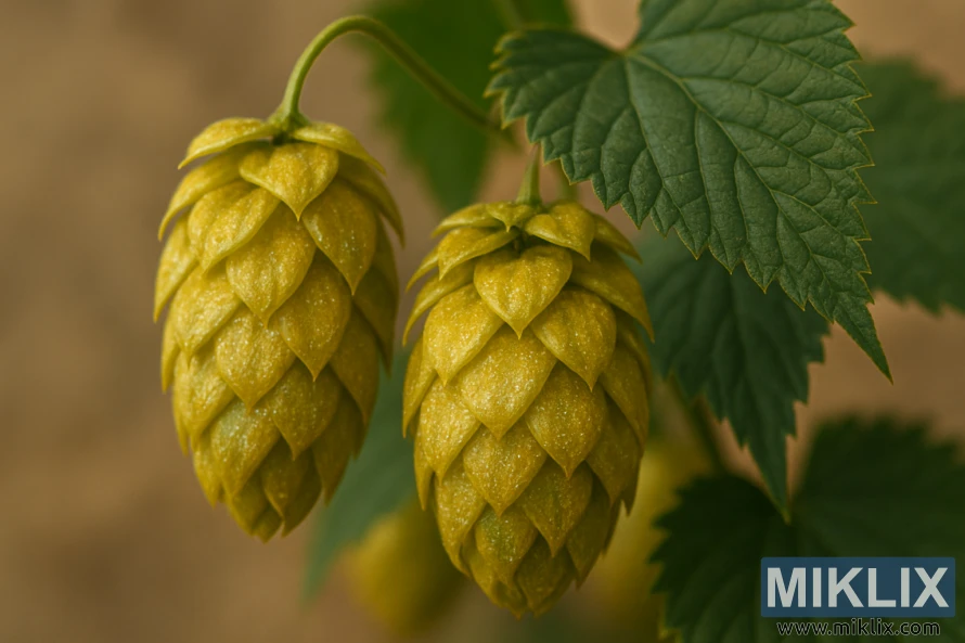 Close-up of mature Amallia hop cones with golden-green bracts. Close-up of mature Amallia hop cones with golden-green bracts.
