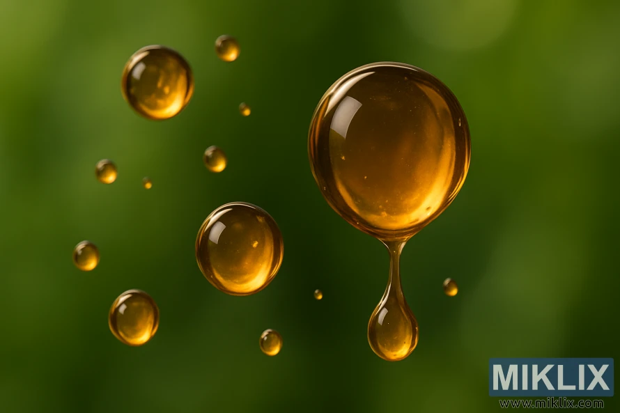 ਧੁੰਦਲੇ ਹਰੇ ਪੱਤਿਆਂ ਦੀ ਪਿੱਠਭੂਮੀ 'ਤੇ ਲਟਕਦੀਆਂ ਗਰਮ ਅੰਬਰ ਹੌਪ ਤੇਲ ਦੀਆਂ ਬੂੰਦਾਂ ਦੀ ਮੈਕਰੋ ਫੋਟੋ। ਧੁੰਦਲੇ ਹਰੇ ਪੱਤਿਆਂ ਦੀ ਪਿੱਠਭੂਮੀ 'ਤੇ ਲਟਕਦੀਆਂ ਗਰਮ ਅੰਬਰ ਹੌਪ ਤੇਲ ਦੀਆਂ ਬੂੰਦਾਂ ਦੀ ਮੈਕਰੋ ਫੋਟੋ।