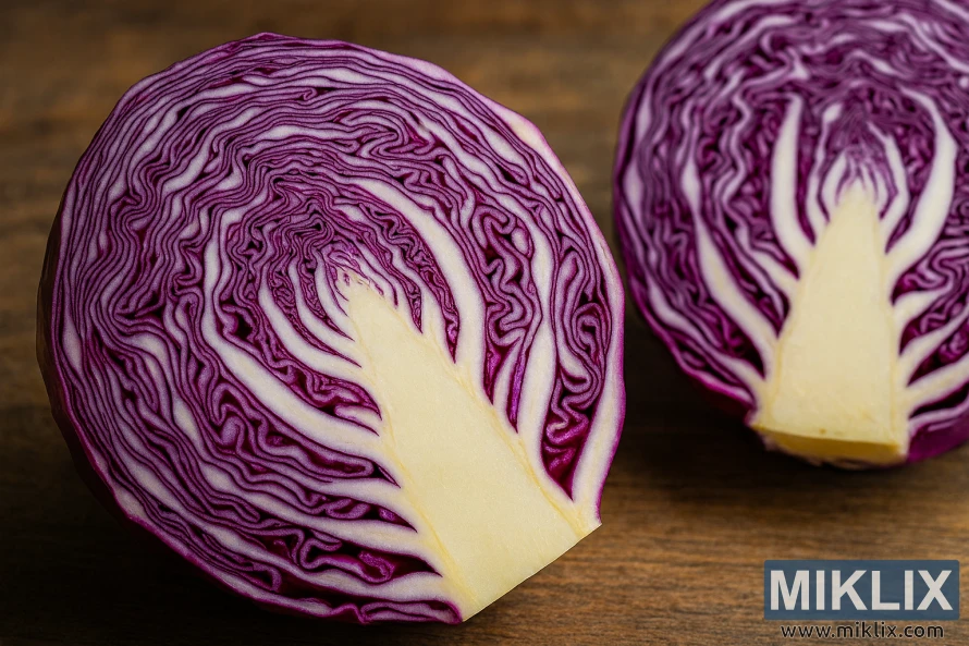 Close-up of two red cabbage halves showing vibrant purple interior layers on wooden surface