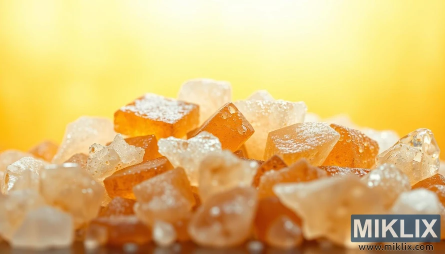 Nærbilde av fargerike candi sukkerkrystaller på en varm, gylden bakgrunn.