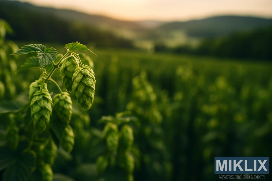 Крупный план ярких шишек хмеля сорта «Премиант» на залитом солнцем поле с холмами на заднем плане. Крупный план ярких шишек хмеля сорта «Премиант» на залитом солнцем поле с холмами на заднем плане.