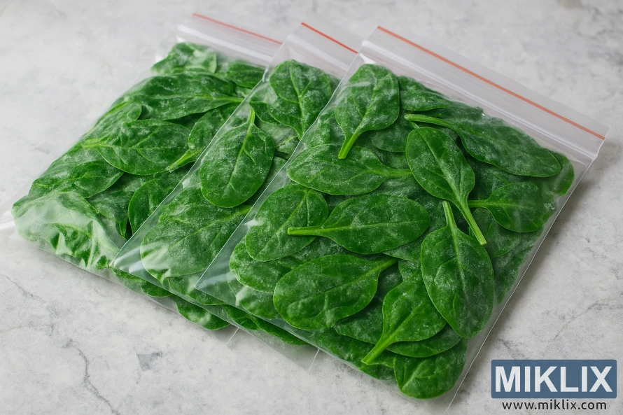Три прозрачных пакета для заморозки, наполненных замороженными листьями шпината, разложены на мраморной столешнице. Три прозрачных пакета для заморозки, наполненных замороженными листьями шпината, разложены на мраморной столешнице.