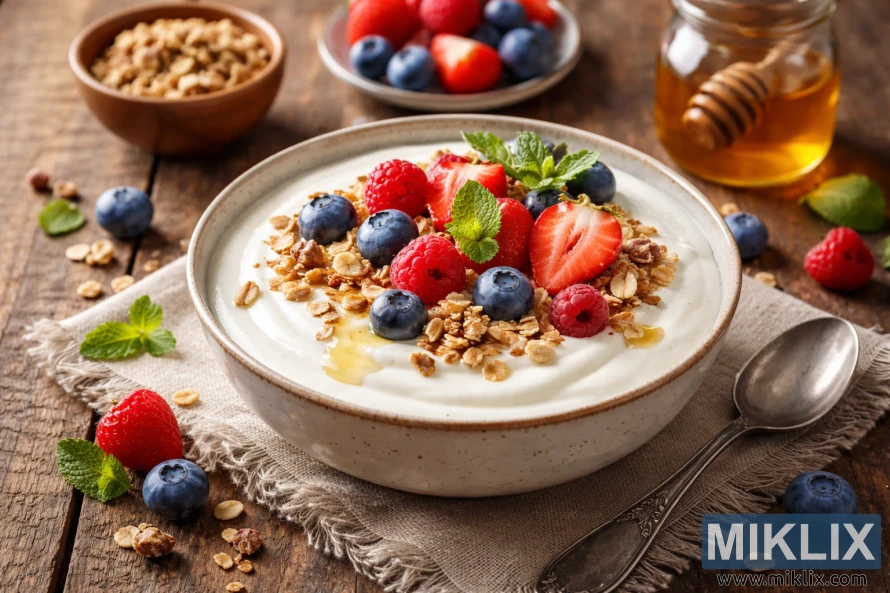 Bowl of creamy yogurt topped with strawberries, blueberries, raspberries, granola, mint, and honey on a rustic wooden table. Bowl of creamy yogurt topped with strawberries, blueberries, raspberries, granola, mint, and honey on a rustic wooden table.