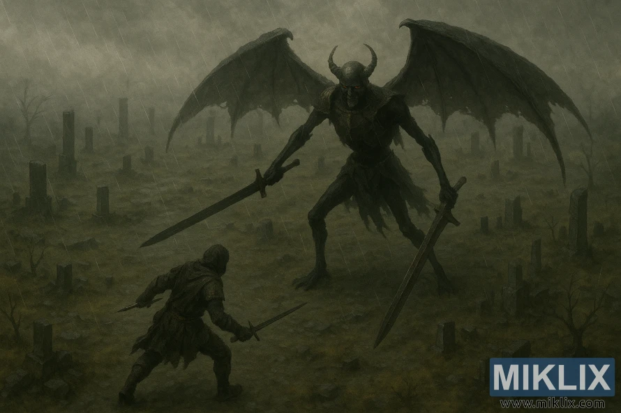 Záber zhora na krajinu, na ktorom Zatemnení čelia týčiacemu sa Príbuznému s Čiernou čepeľou s rozpadnutým brnením na trupe a jedným rovným obojručným mečom v daždivom poli ruín.