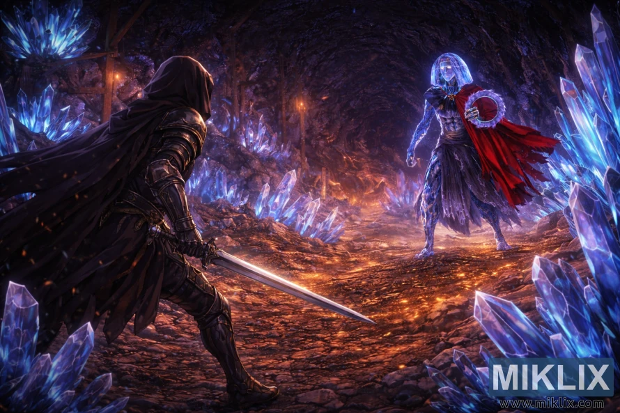 Arte de fã de Elden Ring em estilo anime, mostrando o Tarnished de costas, com uma espada, encarando o chefe Crystaliano no Túnel de Cristal Raya Lucaria, repleto de cristais.