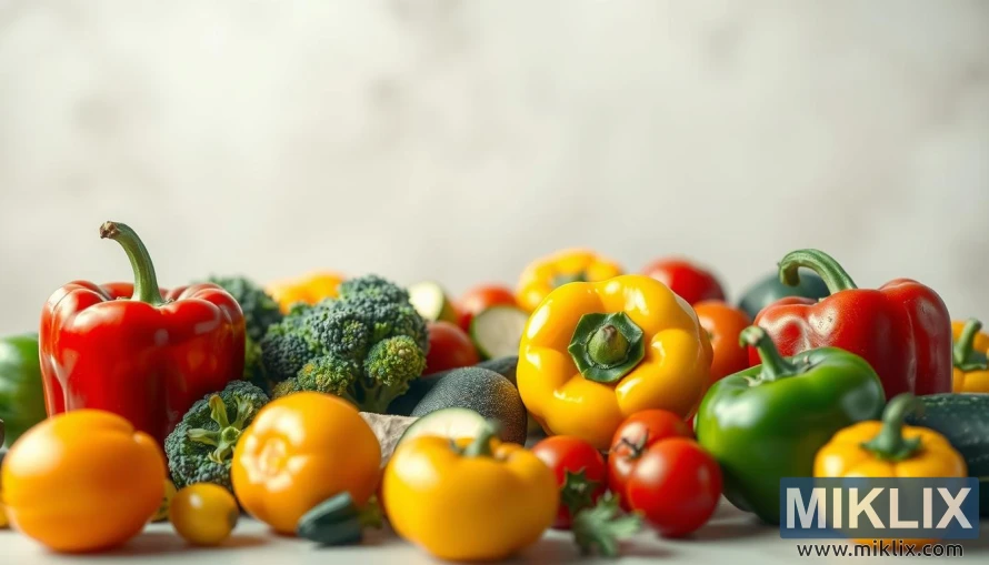 Rote, gelbe und grüne Paprika mit Brokkoli, Zucchini und Kirschtomaten in sanftem Tageslicht. Rote, gelbe und grüne Paprika mit Brokkoli, Zucchini und Kirschtomaten in sanftem Tageslicht.