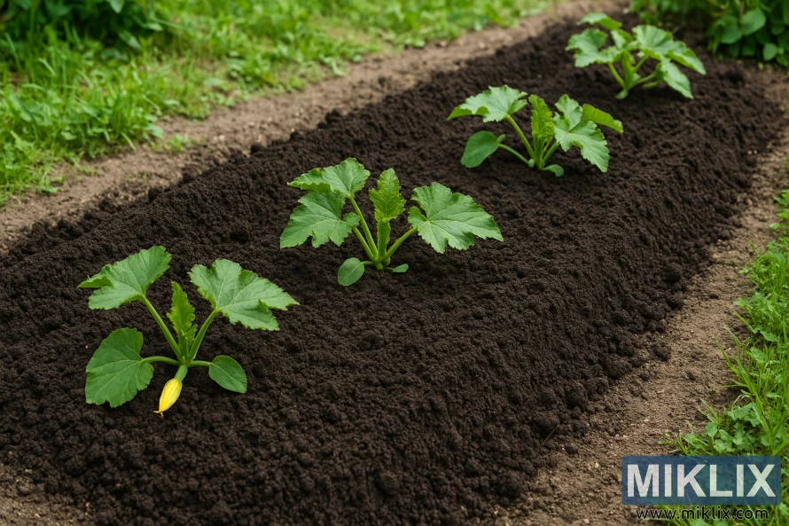 ਅਮੀਰ, ਗੂੜ੍ਹੀ ਮਿੱਟੀ ਨਾਲ ਭਰੇ ਇੱਕ ਉੱਚੇ ਬਾਗ਼ ਦੇ ਬਿਸਤਰੇ ਵਿੱਚ ਉੱਗ ਰਹੇ ਨੌਜਵਾਨ ਉਲਚੀਨੀ ਪੌਦੇ। ਅਮੀਰ, ਗੂੜ੍ਹੀ ਮਿੱਟੀ ਨਾਲ ਭਰੇ ਇੱਕ ਉੱਚੇ ਬਾਗ਼ ਦੇ ਬਿਸਤਰੇ ਵਿੱਚ ਉੱਗ ਰਹੇ ਨੌਜਵਾਨ ਉਲਚੀਨੀ ਪੌਦੇ।