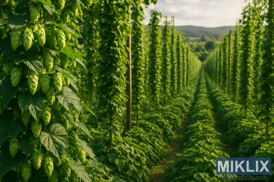 Бујно поле со хмељ со живописни зелени гранки, зрели шишарки од хмељ во преден план и решеткасти редови што се протегаат кон далечни брановидни ридови. Бујно поле со хмељ со живописни зелени гранки, зрели шишарки од хмељ во преден план и решеткасти редови што се протегаат кон далечни брановидни ридови.