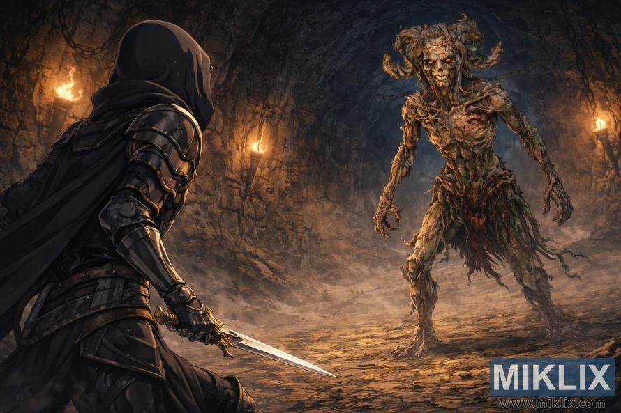 Illustrasjon i anime-stil av Tarnished in Black Knife-rustningen sett bakfra til venstre, konfronterende med den hornede Lamenter-bossen i et fakkelopplyst steinfengsel.