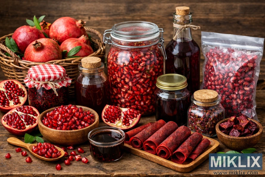 Various methods of preserving pomegranates shown with whole fruit, seeds, juice, jam, dried fruit, fruit leather, and frozen arils arranged on a rustic wooden table Various methods of preserving pomegranates shown with whole fruit, seeds, juice, jam, dried fruit, fruit leather, and frozen arils arranged on a rustic wooden table