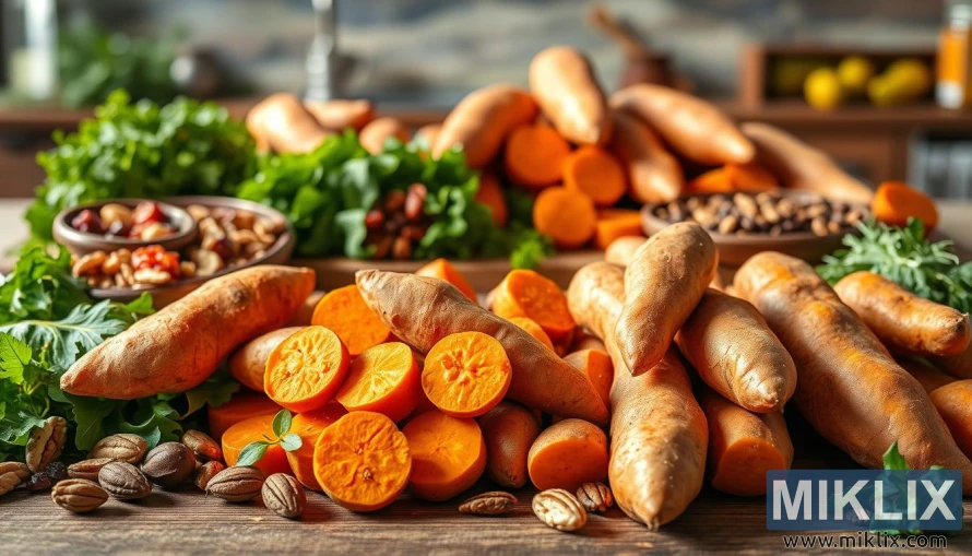 Batata-doce fresca com folhas verdes, nozes e frutas secas em uma mesa de madeira rústica. Batata-doce fresca com folhas verdes, nozes e frutas secas em uma mesa de madeira rústica.