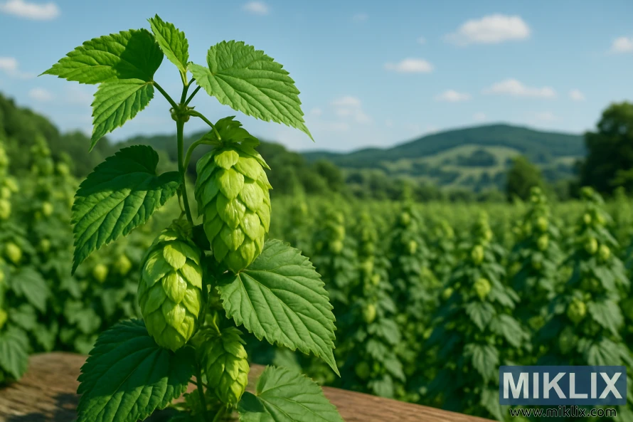 Close-up of vibrant green hop cones and leaves in the foreground with a hop field, rolling hills, and clear blue sky in the background. Close-up of vibrant green hop cones and leaves in the foreground with a hop field, rolling hills, and clear blue sky in the background.