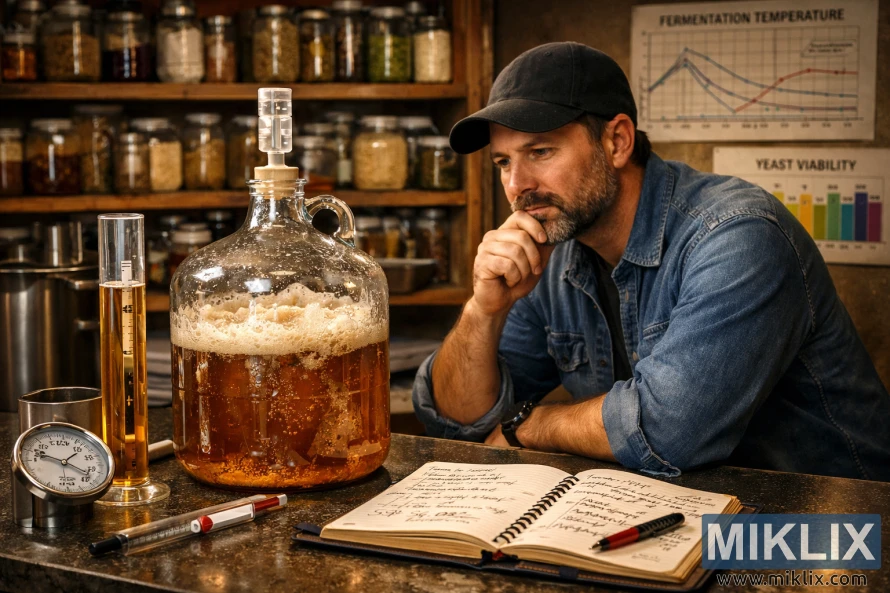 A brewer thoughtfully examines a bubbling glass carboy on a countertop surrounded by brewing tools, notes, and ingredient shelves under warm lighting.