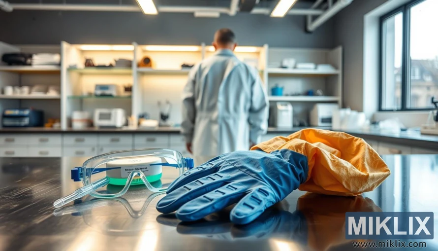 實驗室工作區配有安全裝備、酵母樣品、移液管和培養皿，用於安全處理糖化酵母。