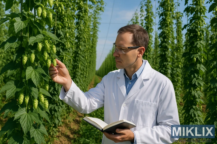 Научник во бел лабораториски мантил проверува шишарки од хмељ во бујно зелено поле со хмељ. Научник во бел лабораториски мантил проверува шишарки од хмељ во бујно зелено поле со хмељ.