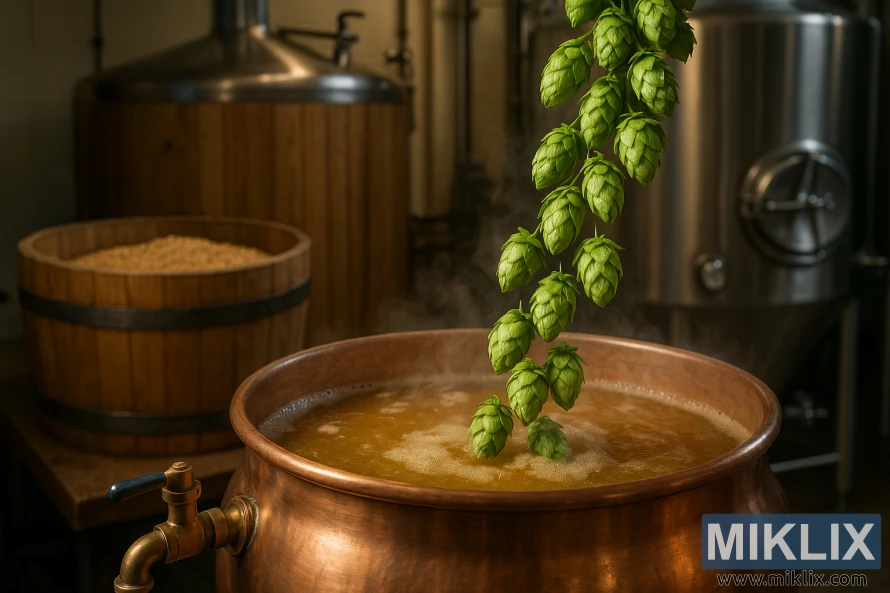 Hundreårshumle tumler ned i en kobberbryggekjele med kokende vørter med mosekar og gjæringstanker i bakgrunnen.