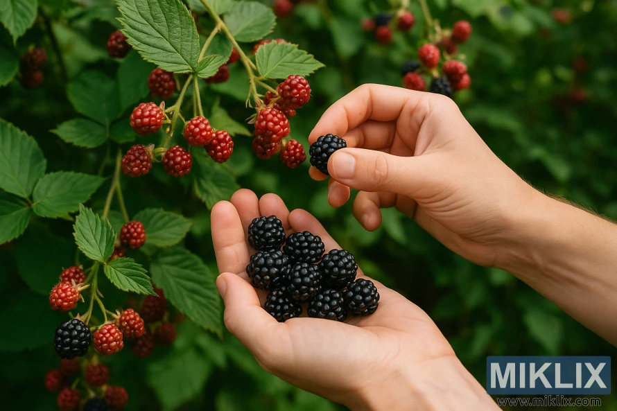 Rankos, saulės šviesoje nuimančios prinokusių gervuogių derlių iš sodo augalo su žaliais lapais ir raudonomis uogomis Rankos, saulės šviesoje nuimančios prinokusių gervuogių derlių iš sodo augalo su žaliais lapais ir raudonomis uogomis