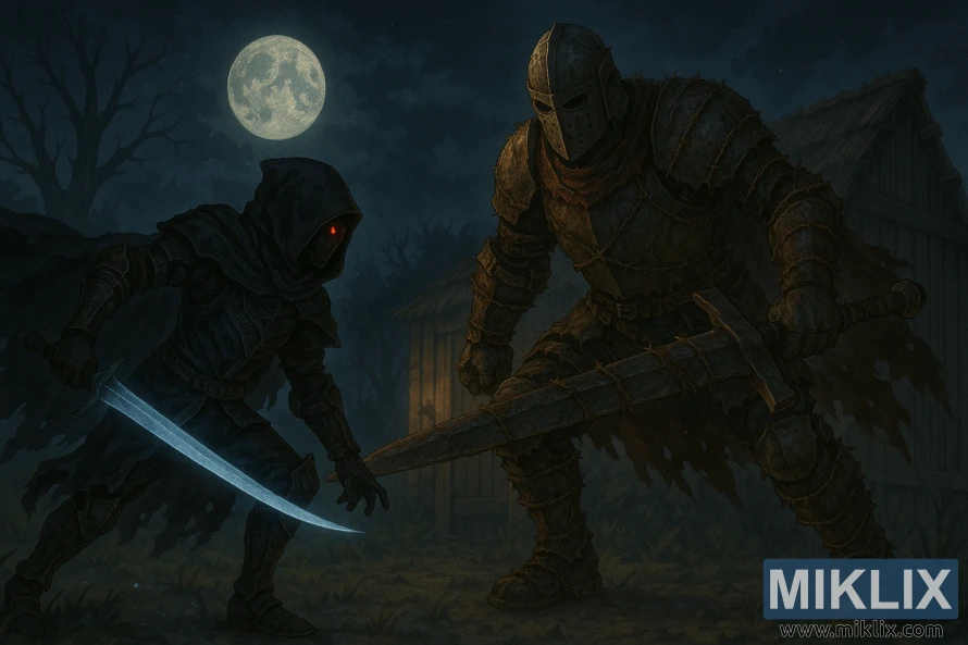 Anime-style depiction of the Tarnished in Black Knife armor fighting the Bell-Bearing Hunter in worn, barbed wire-wrapped armor at the Isolated Merchant's Shack under the moonlight. Anime-style depiction of the Tarnished in Black Knife armor fighting the Bell-Bearing Hunter in worn, barbed wire-wrapped armor at the Isolated Merchant's Shack under the moonlight.