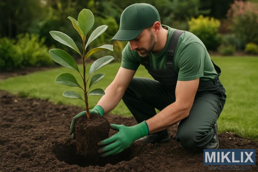 A gardener kneels in a garden bed, carefully planting a young magnolia tree with green gloves and rich soil surrounding the hole.
