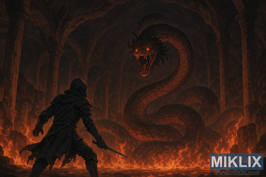 Qaralmış döyüşçü daş sütunları və ərimiş torpaqları olan geniş odlu mağaranın içərisində nəhəng ilanla qarşılaşır.