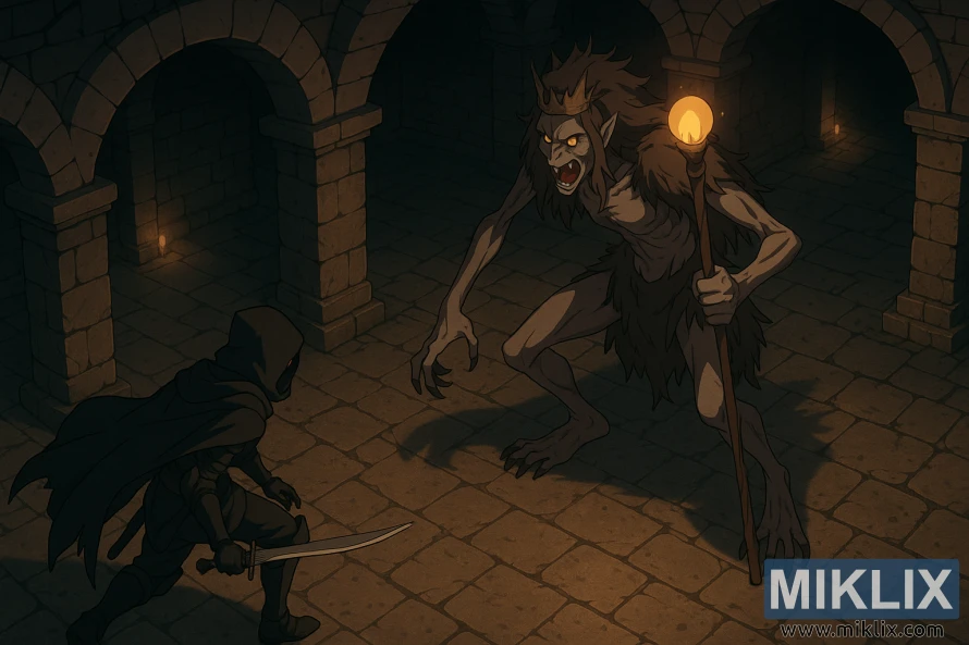 Isometric anime-style scene of the Tarnished in Black Knife armor facing a tall, skeletal Demi-Human Queen with a glowing staff inside a stone cellar beneath the Lux Ruins.