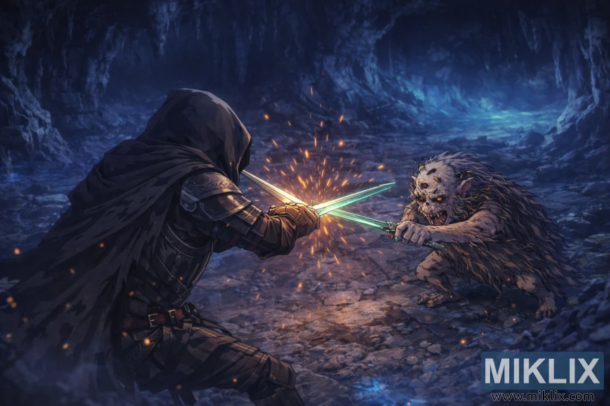 Anime-style fan art of the Tarnished in Black Knife armor seen partly from behind, clashing blades with the smaller Demi-Human Swordmaster Onze wielding a glowing bluish sword inside an eerie blue-lit cave, sparks bursting between them. Anime-style fan art of the Tarnished in Black Knife armor seen partly from behind, clashing blades with the smaller Demi-Human Swordmaster Onze wielding a glowing bluish sword inside an eerie blue-lit cave, sparks bursting between them.