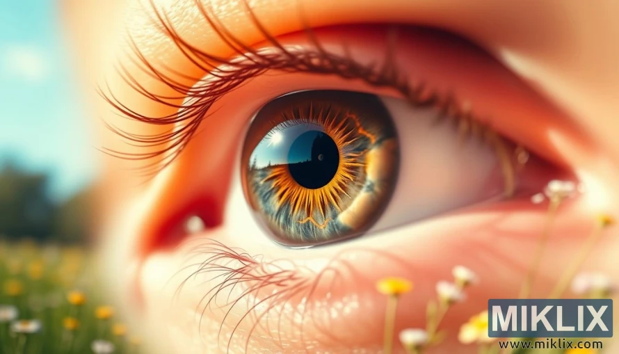 মানুষের চোখের ক্লোজ-আপ, বিস্তারিত আইরিস, রক্তনালী এবং নরম প্রাকৃতিক পটভূমি।