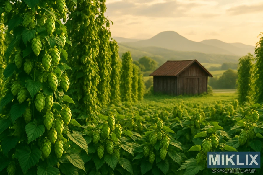 Sulīgs apiņu lauks ar zaļām čiekuriem zeltainā saules gaismā, laika apstākļu nobružāta koka šķūnis un tālumā esoši miglaini kalni.