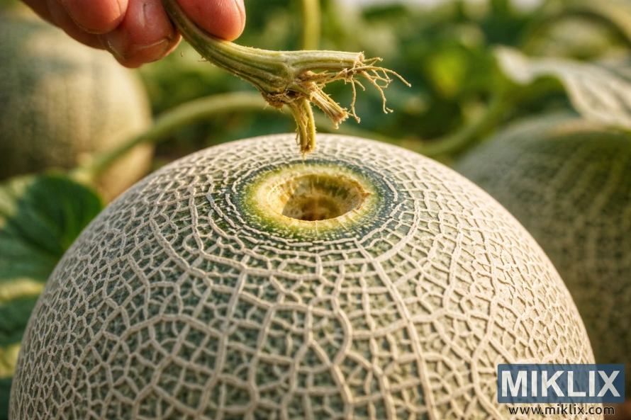 Pamje nga afër e një pjepri të pjekur me kërcellin e shkëputur natyrshëm, duke treguar shenjën e plotë të rrëshqitjes në kulmin e pjekurisë.