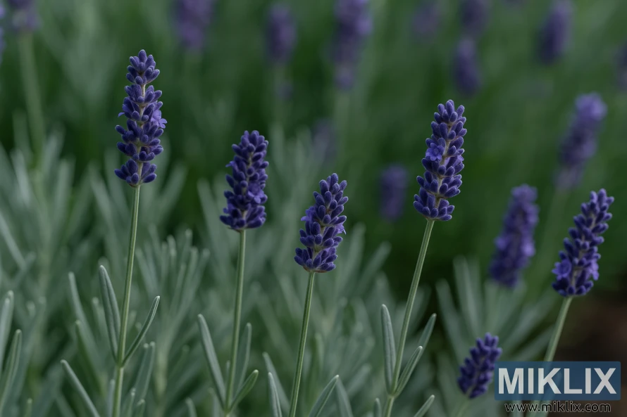 Detaljeret nærbillede af fænomenal hybrid lavendel med livlige violetblå blomsteraks og slående sølvfarvet løv i en solbeskinnet have. Detaljeret nærbillede af fænomenal hybrid lavendel med livlige violetblå blomsteraks og slående sølvfarvet løv i en solbeskinnet have.