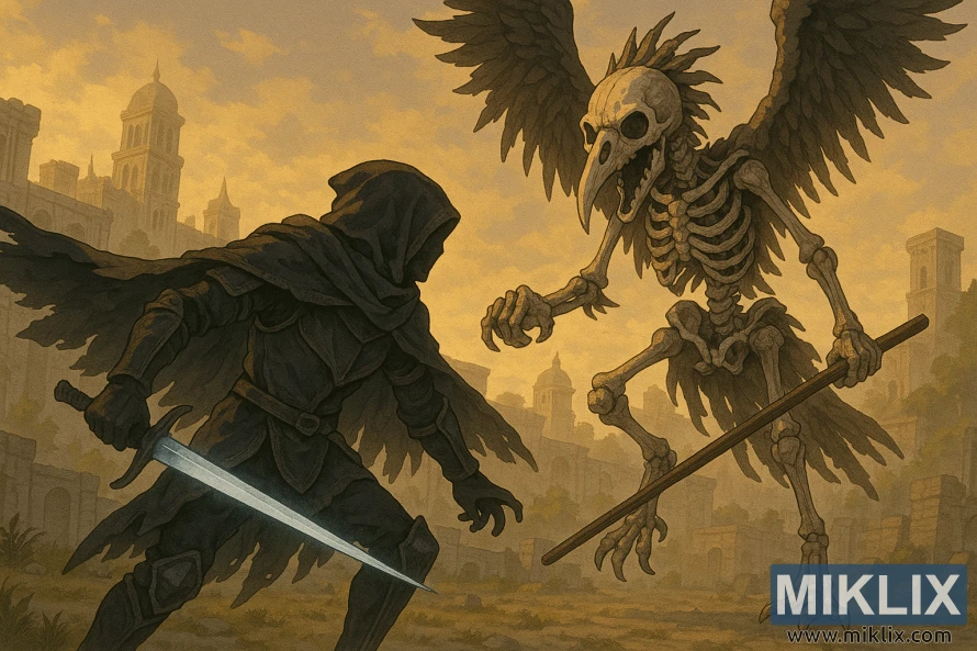 A cloaked Tarnished in Black Knife armor faces a skeletal Deathbird wielding a straight wooden cane in a ruined golden cityscape. A cloaked Tarnished in Black Knife armor faces a skeletal Deathbird wielding a straight wooden cane in a ruined golden cityscape.
