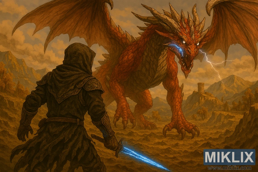 Anime-style fan art of the Tarnished in Black Knife armor facing Ancient Dragon Lansseax in Altus Plateau